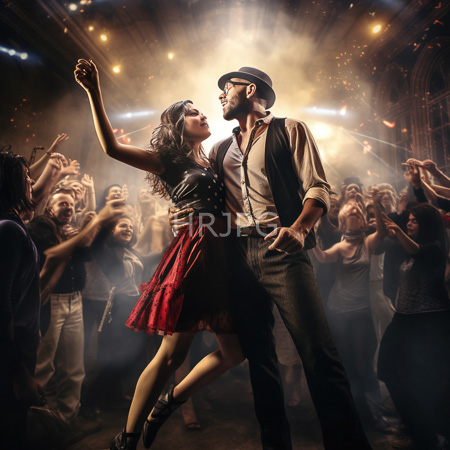 High Resolution: Energetic dance scene in dim smoky lighting with warm golden hues focusing on a tall man dancing closely beside a woman download. | HRJPG.com
