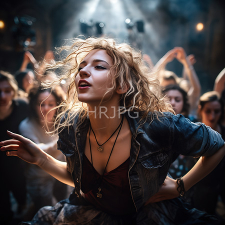 High Resolution: Energetic blonde woman with wavy hair performing on stage in dim lighting wearing a black lace top under a denim jacket download. | HRJPG.com
