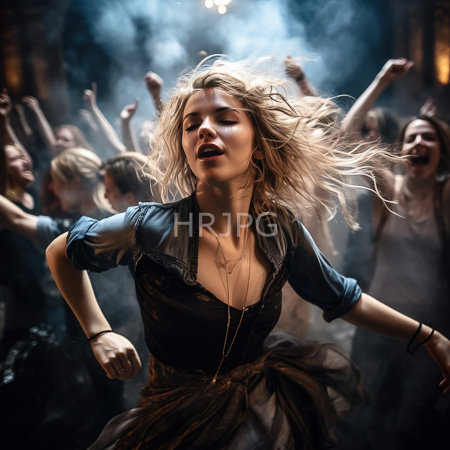 High Resolution: Energetic blonde woman with wavy hair dancing in front of a cheering crowd under smoky lighting wearing a black leather jacket download. | HRJPG.com