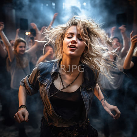 High Resolution: Energetic blonde woman with wavy hair leading a crowd in dance at night wearing a denim jacket over a black tank top download. | HRJPG.com