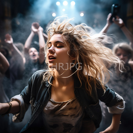 High Resolution: Energetic young woman with blonde wind-swept hair dancing in front of a crowd at a nightclub event wearing a denim jacket download. | HRJPG.com