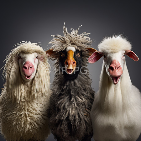 High Resolution: Three sheep with distinct fluffy coats against a dark gray background one black-faced one cream-colored and one white-fleeced download. | HRJPG.com