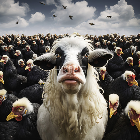 High Resolution: Imposing black-and-white sheep with curly wool and a pink nose centered in front of a dense flock of similarly colored birds download. | HRJPG.com