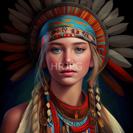 High Resolution: Attractive young woman wears colorful feathered headdress with braided hair and beads on her necklace against a unique dark background download. | HRJPG.com