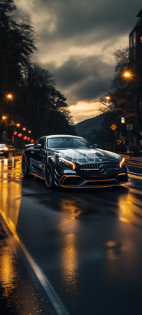 High Resolution: Sleek black performance car drives on a wet street at dusk its headlights glow warmly against dark clouds and city lamplight reflections download. | HRJPG.com