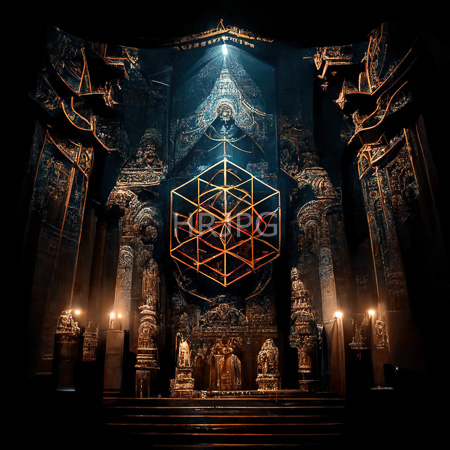 High Resolution: Intricately carved dark stone temple interior is uniquely illuminated by warm wall sconces highlighting three statues before an ornate golden altar download. | HRJPG.com