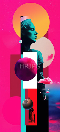 High Resolution: Abstract stylized silhouette of a closed-eye person with teal hair is overlaid by vibrant yellow-orange magenta and white-red geometric shapes download. | HRJPG.com