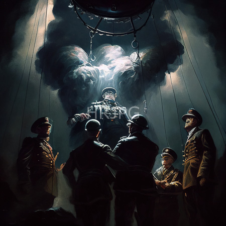 High Resolution: Five uniformed men stand beneath a giant suspended skull illuminated by light in a dim-lit industrial setting download. | HRJPG.com