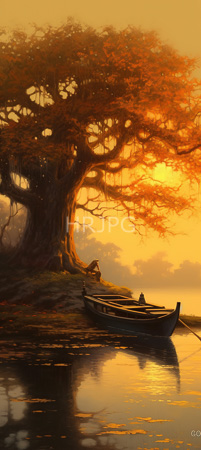 High Resolution: Idyllic sunset scene features two people in small wooden boats near a massive twisted tree with golden-orange leaves reflecting on calm water download. | HRJPG.com