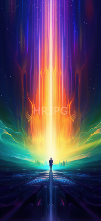 High Resolution: Ethereal colorful landscape features vibrant rainbow-like light beams descending onto dark waters where a lone figure stands facing upward download. | HRJPG.com