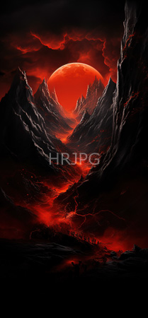 High Resolution: Ominous mountainous landscape is distinguished by a large red celestial body with fiery clouds and glowing cracks on jagged peaks download. | HRJPG.com