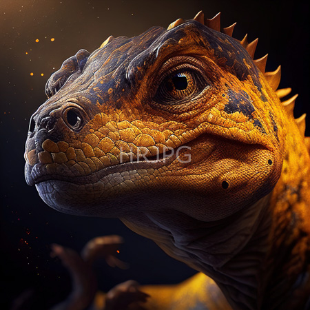 High Resolution: Scaly reptilian creature with orange and yellow skin features dark blue spots near its cheek area and prominent spines along its neck ridge download. | HRJPG.com
