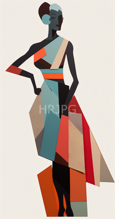 High Resolution: Abstract stylized figure with geometric patterns on its dress in shades of teal blue red orange beige brown and gray stands confidently download. | HRJPG.com