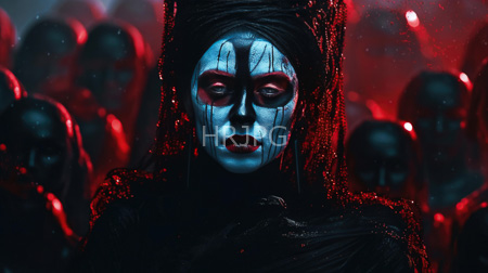 High Resolution: Eerie blue-painted figure with black dripping makeup and red accents wears dark wrappings in front of shadowy figures under intense crimson light download. | HRJPG.com