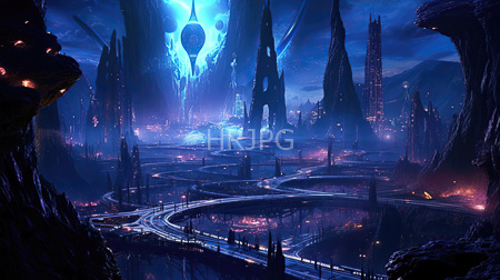 High Resolution: Eerie futuristic cityscape features towering dark structures and glowing blue light sources with winding roads illuminated by pinkish ethereal beams download. | HRJPG.com