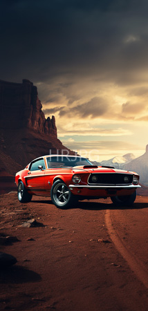 High Resolution: Classic muscle car with chrome wheels is parked on a red desert terrain against rugged cliffs under dramatic cloudy skies download. | HRJPG.com