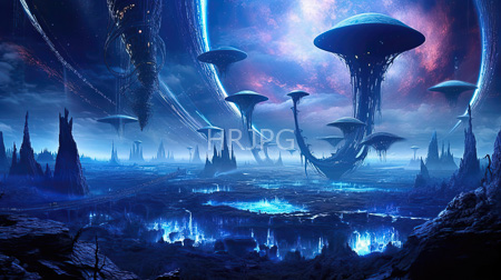 High Resolution: Alien landscape is defined by towering mushroom-like organic structures and crystalline pools under a starry sky filled with nebulous clouds download. | HRJPG.com