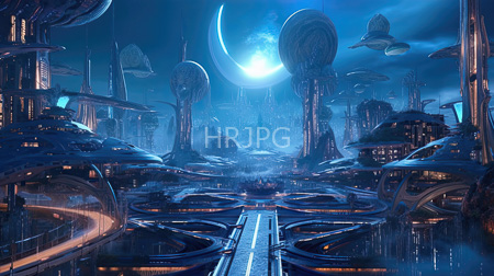 High Resolution: Alien cityscape at night is illuminated by moonlight with floating starships overhead and sleek dome-shaped buildings along winding roads download. | HRJPG.com