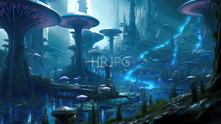 High Resolution: Ethereal bioluminescent forest features towering mushrooms glowing blue waterways and futuristic city structures shrouded by mist and light beams download. | HRJPG.com