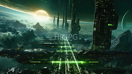 High Resolution: Futuristic cityscape on floating islands amidst mountains with towering skyscrapers illuminated by green lights under a glowing celestial body download. | HRJPG.com