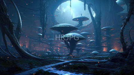 High Resolution: Eerie bioluminescent forest features large mushroom organisms with glowing red eyes and white caps twisted vines and floating orange embers download. | HRJPG.com