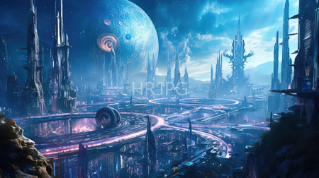 High Resolution: Intricate futuristic cityscape under a starry night features two large dominating celestial bodies one blue and one pinkish-orange download. | HRJPG.com