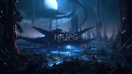 High Resolution: Eerie dark forest under moonlight features glowing blue light reflecting off water pools and structures resembling twisted aircraft wreckage download. | HRJPG.com