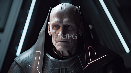 High Resolution: Older figure with pale skin wears dark futuristic armor with glowing red lines and geometric patterns against metallic walls and diagonal white lights download. | HRJPG.com