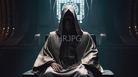 High Resolution: Elderly figure wears dark hooded robes and armor seated in dim lighting against illuminated geometric patterns through glass panels download. | HRJPG.com