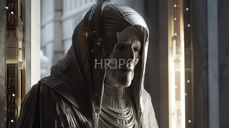 High Resolution: Elderly figure with a wrinkled face wears intricate silver-gray hooded robes adorned with gold accents in a unique metallic sci-fi setting download. | HRJPG.com