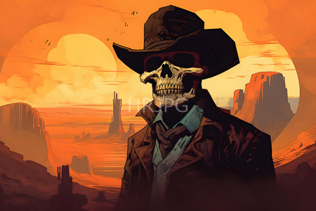 High Resolution: Anthropomorphic skull wears dark sunglasses a brown hat with a star emblem and a leather coat in a desert landscape at sunset download. | HRJPG.com