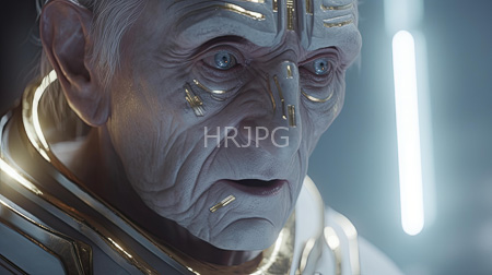 High Resolution: Close-up rendering of an elderly wrinkled alien with pale blue skin wears gold-accentuated futuristic armor in cool lighting with a concerned expression download. | HRJPG.com