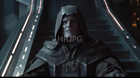 High Resolution: Older man wears a dark gray hooded cloak over textured armor-like clothing on futuristic metallic stairs illuminated by pink lights download. | HRJPG.com