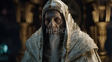 High Resolution: Elderly figure with a prominent white beard and deep wrinkles wears ornate golden headgear with an intense gaze against a darkened background download. | HRJPG.com