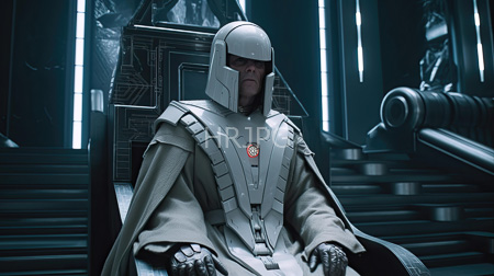 High Resolution: Older figure in futuristic grey armor and a cloak sits on an ornate black chair against metallic textures and vertical light beams download. | HRJPG.com