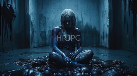 High Resolution: Eerie dark moody scene features a pale-skinned woman sitting cross-legged on a black gooey substance in a dim blue-lit room wearing a torn gray top download. | HRJPG.com