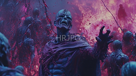 High Resolution: Eerie blue-tinted battlefield features skeletal warriors with decayed flesh and tattered robes under pinkish-red firelight amidst splattering blood droplets download. | HRJPG.com