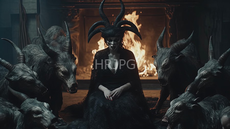 High Resolution: Eerie dark scene features a pale-skinned woman with large black horns and gothic attire sitting in front of a roaring fire surrounded by demonic creatures download. | HRJPG.com