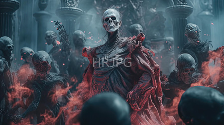 High Resolution: Eerie dark cathedral filled with skeletal figures in tattered red robes and glowing eyes surrounds a central skeleton enveloped in swirling crimson smoke download. | HRJPG.com