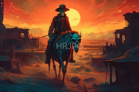 High Resolution: Eerie post-apocalyptic sunset scene features a skeletal figure in dark clothing riding a skull-adorned horse against a vibrant orange-red sky download. | HRJPG.com