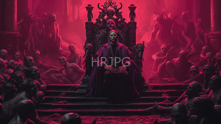 High Resolution: Eerie red-lit throne room features skeletal figures and demonic creatures in shadowy backgrounds surrounding a pale-skinned figure on an ornate throne adorned by skulls download. | HRJPG.com