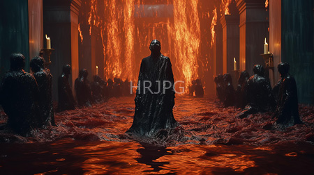 High Resolution: Dark wet-robed figures stand in an ornate hall with fiery orange flames behind them reflected in red liquid on the floor and lit by candles download. | HRJPG.com