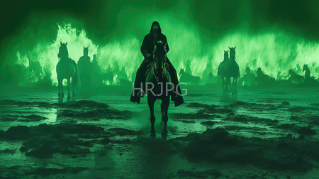 High Resolution: Dramatic green-tinted armored figure rides horseback with a hood obscuring the face surrounded by engulfing flames in misty terrain download. | HRJPG.com
