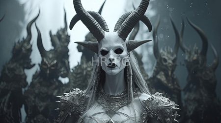 High Resolution: Ethereal pale-skinned figure with long silver hair and large curved horns wears a skull mask covering her face and ornate thorn-adorned armor download. | HRJPG.com