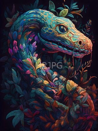 High Resolution: Intricately detailed colorful snake with vibrant blue and green scales intertwined among lush foliage in rich purples greens and oranges download. | HRJPG.com