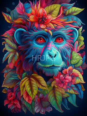 High Resolution: Anthropomorphic blue simian with vivid red eyes is surrounded by colorful tropical flowers and leaves in shades of pink green yellow and orange download. | HRJPG.com