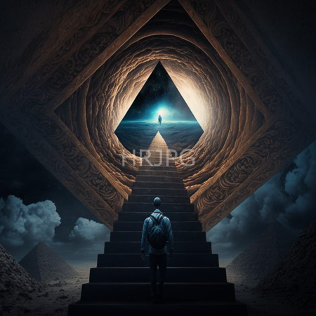 High Resolution: Figure with dark hair carrying a blue backpack ascends massive stone stairs within a pyramid-shaped cave structure illuminated by ethereal light download. | HRJPG.com