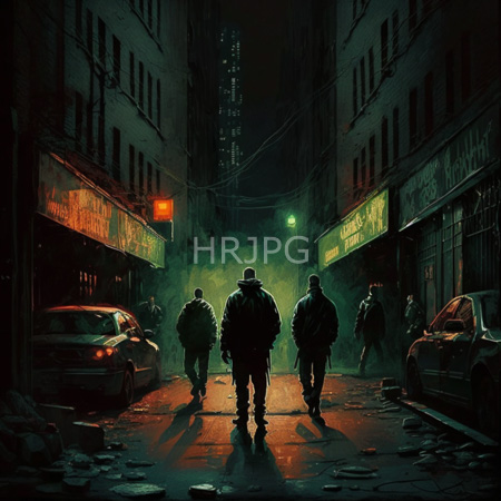 High Resolution: Four silhouetted figures in dark clothing and hats walk down an urban neon-lit alley at night with scattered debris and parked cars download. | HRJPG.com