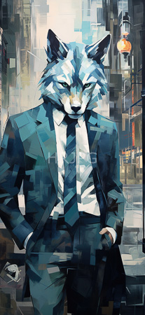 High Resolution: Anthropomorphic canine in a blue suit and black tie stands confidently against a fragmented urban cityscape background with geometric texture download. | HRJPG.com