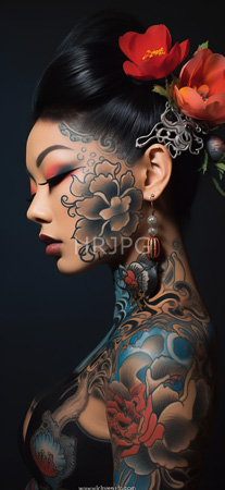 High Resolution: Figure with black hair in an elegant updo is adorned by red and orange floral tattoos covering the neck and shoulder area download. | HRJPG.com